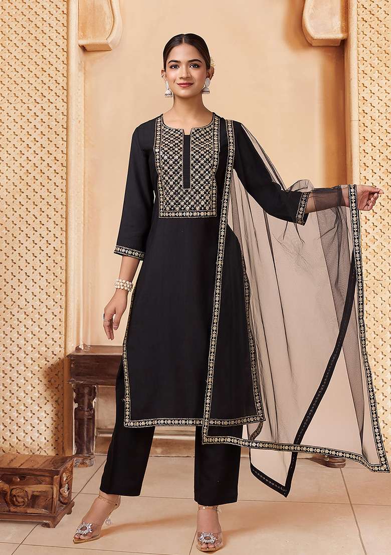 Black Embroidered Silk Blend Straight Kurta Set - Indya