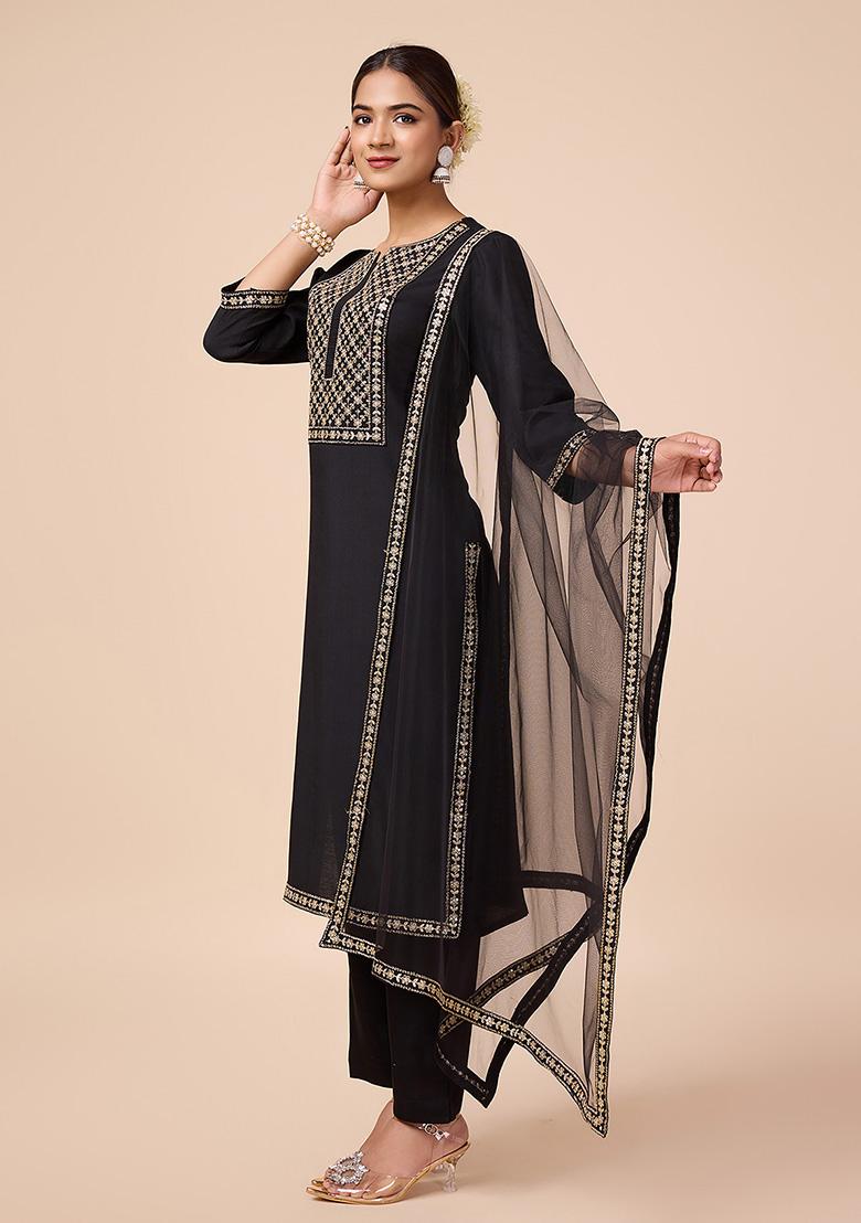 Black Embroidered Silk Kurta Set