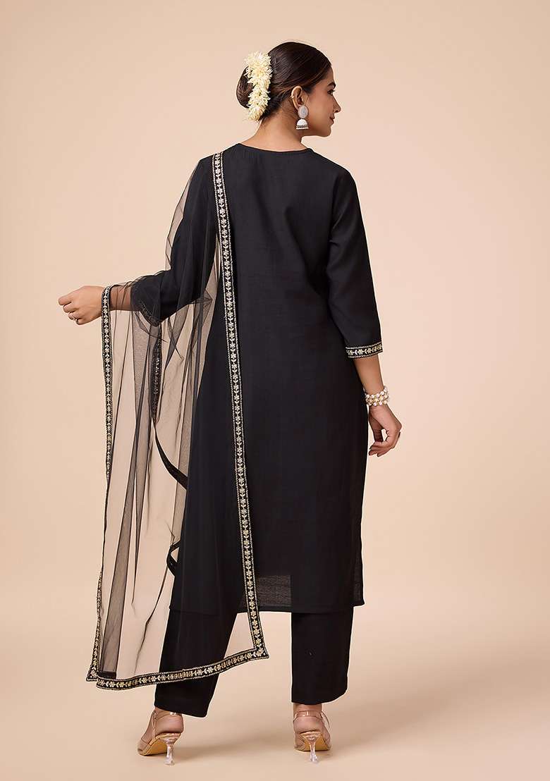 Black Embroidered Silk Blend Straight Kurta Set - Indya