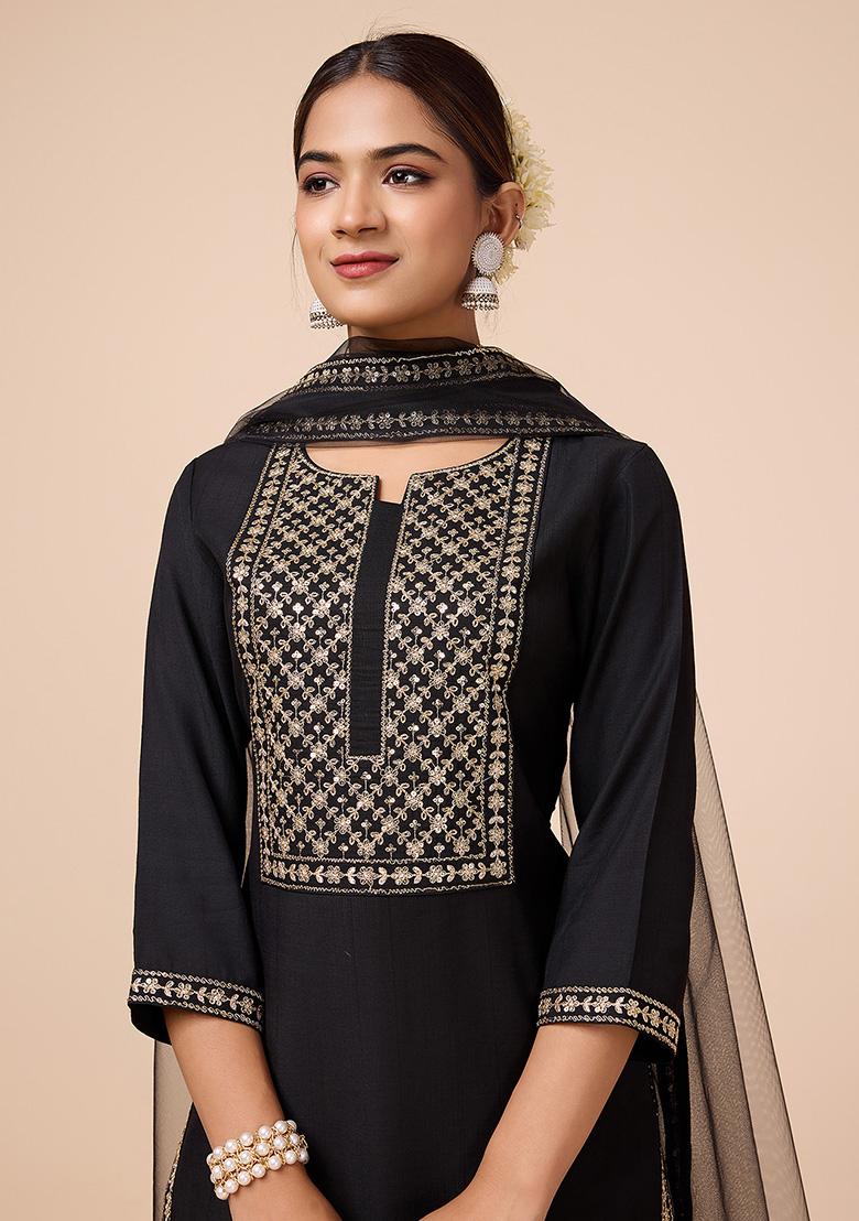 Black Embroidered Silk Kurta Set