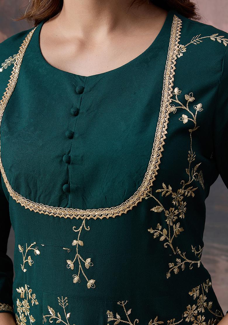 Green Embroidered Rayon Kurta Set