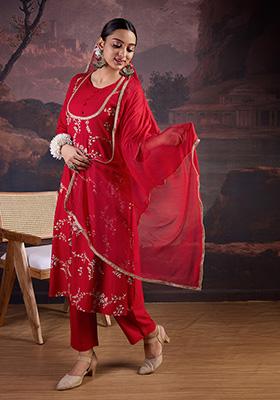 Red Embroidered Rayon Kurta Set