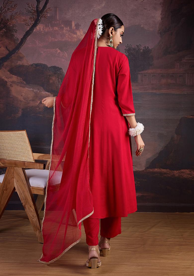 Red Embroidered Rayon Kurta Set