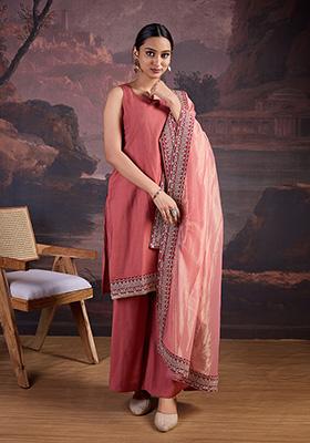 Peach Embroidered Silk Kurta Set