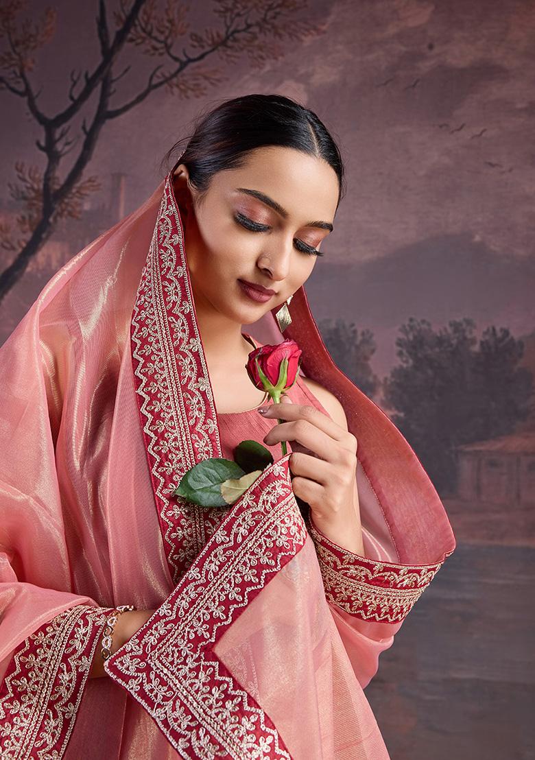 Peach Embroidered Silk Kurta Set