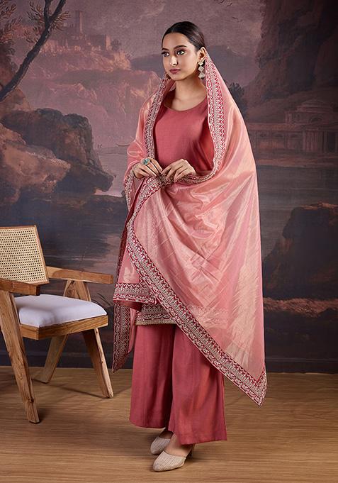 Women Silk Blend Peach Embroidered Kurta Comfort Pant Dupatta