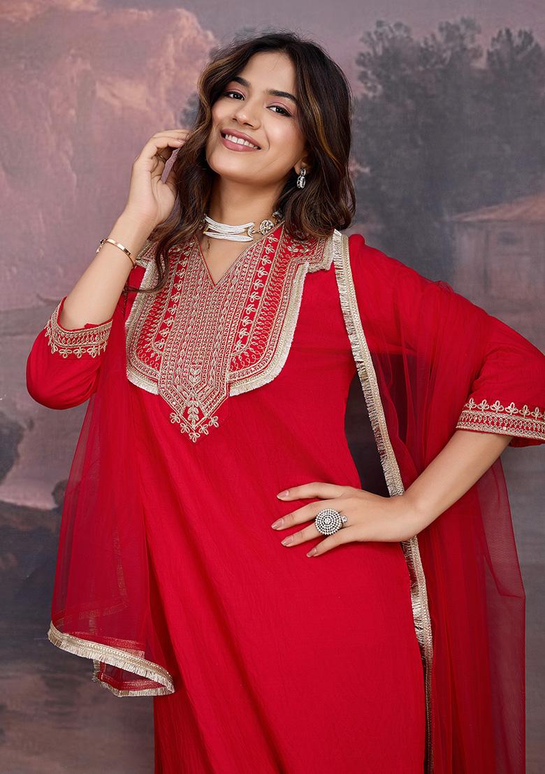 Red Embroidered Silk Kurta Set