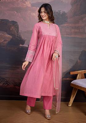 Pink Embroidered Chanderi Cotton Kurta Set
