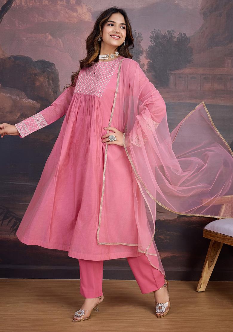 Pink Embroidered Chanderi Cotton Kurta Set