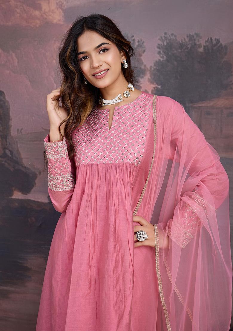 Pink Embroidered Chanderi Cotton Kurta Set