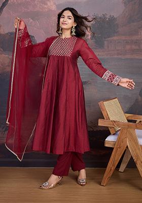 Maroon Embroidered Chanderi Cotton Kurta Set