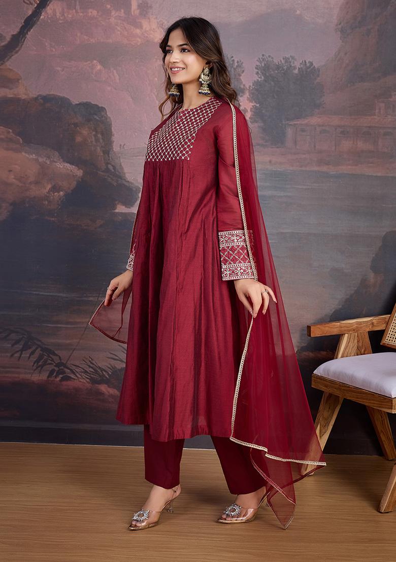 Maroon Embroidered Chanderi Cotton Kurta Set