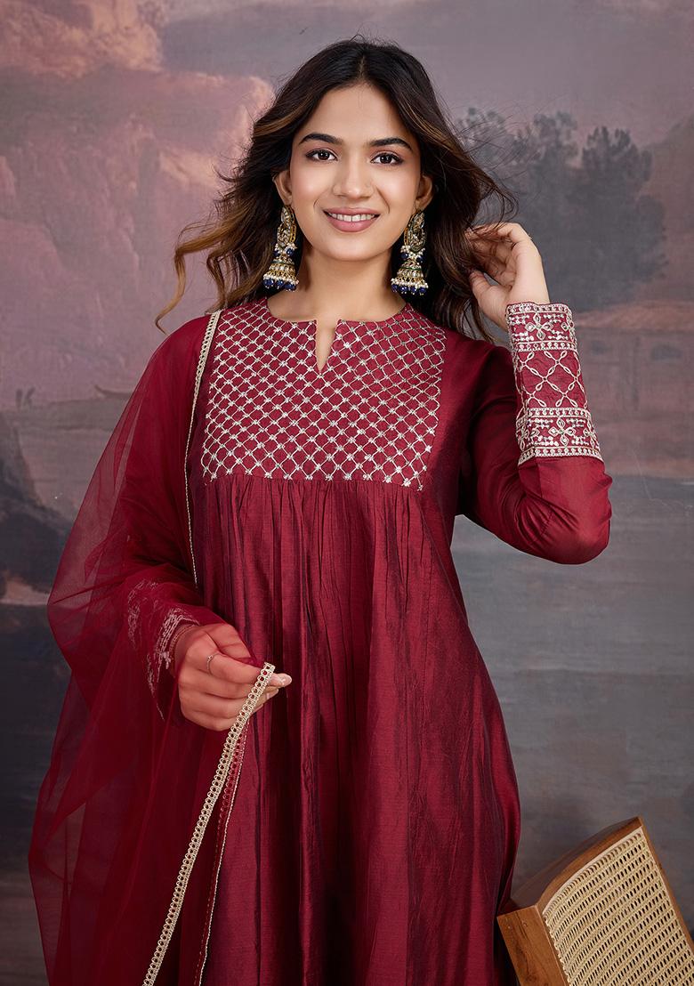 Maroon Embroidered Chanderi Cotton Kurta Set
