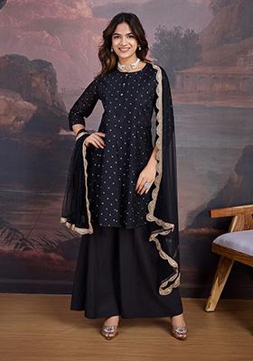 Black Embroidered Chanderi Cotton Kurta Set