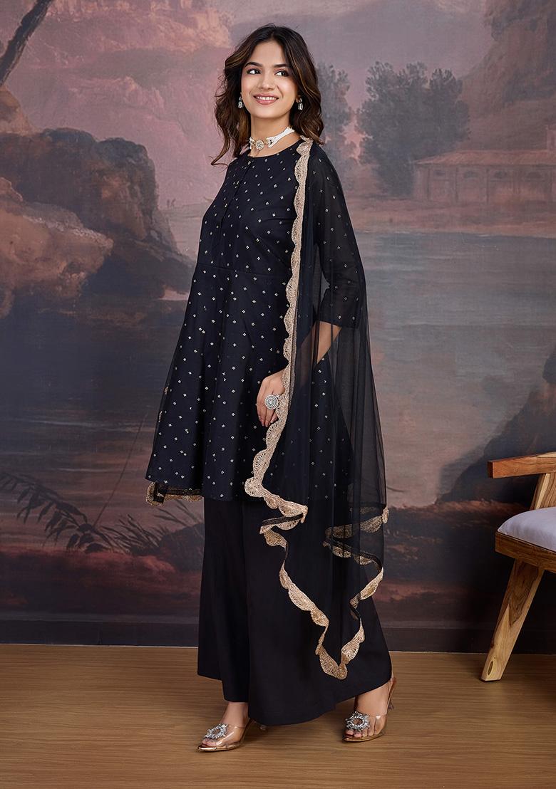 Black Embroidered Chanderi Cotton Kurta Set