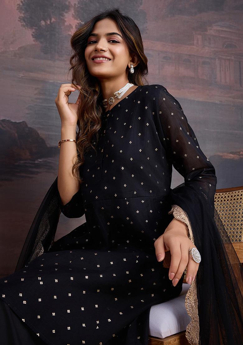 Black Embroidered Chanderi Cotton Kurta Set