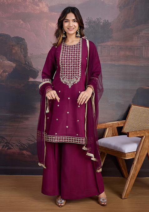 Purple Embroidered Silk Kurta Set