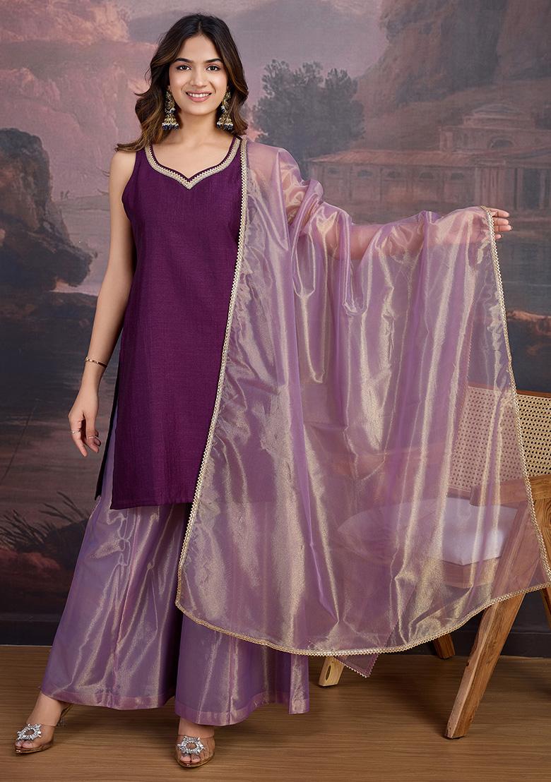 Wine Lace Border Vichitra Kurta Set