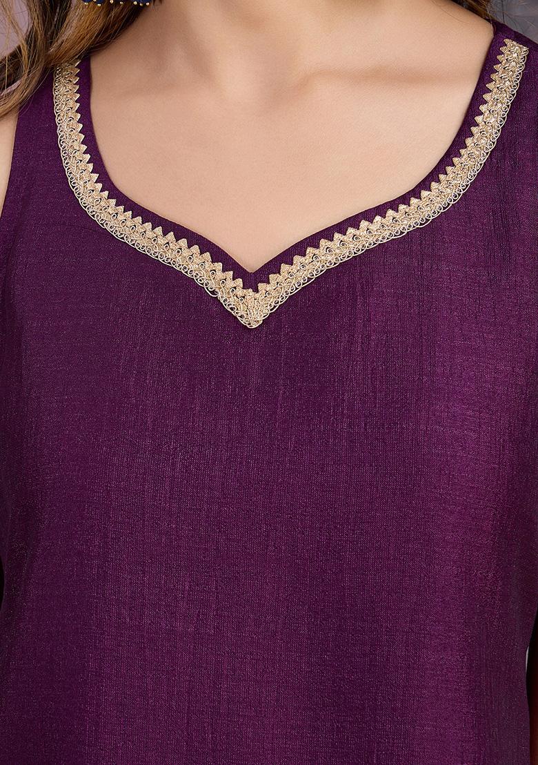 Wine Lace Border Vichitra Kurta Set