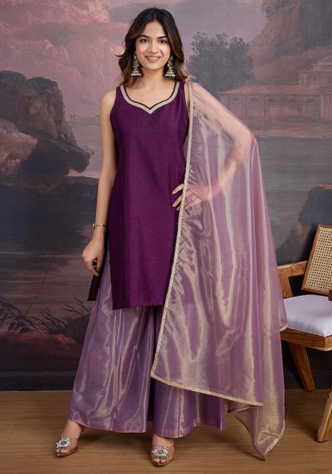 Wine Lace Border Vichitra Kurta Set With Dupatta