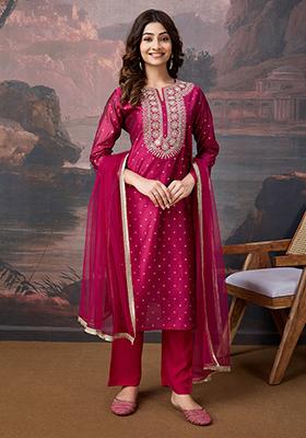 Pink Embroidered Chanderi Cotton Kurta Set
