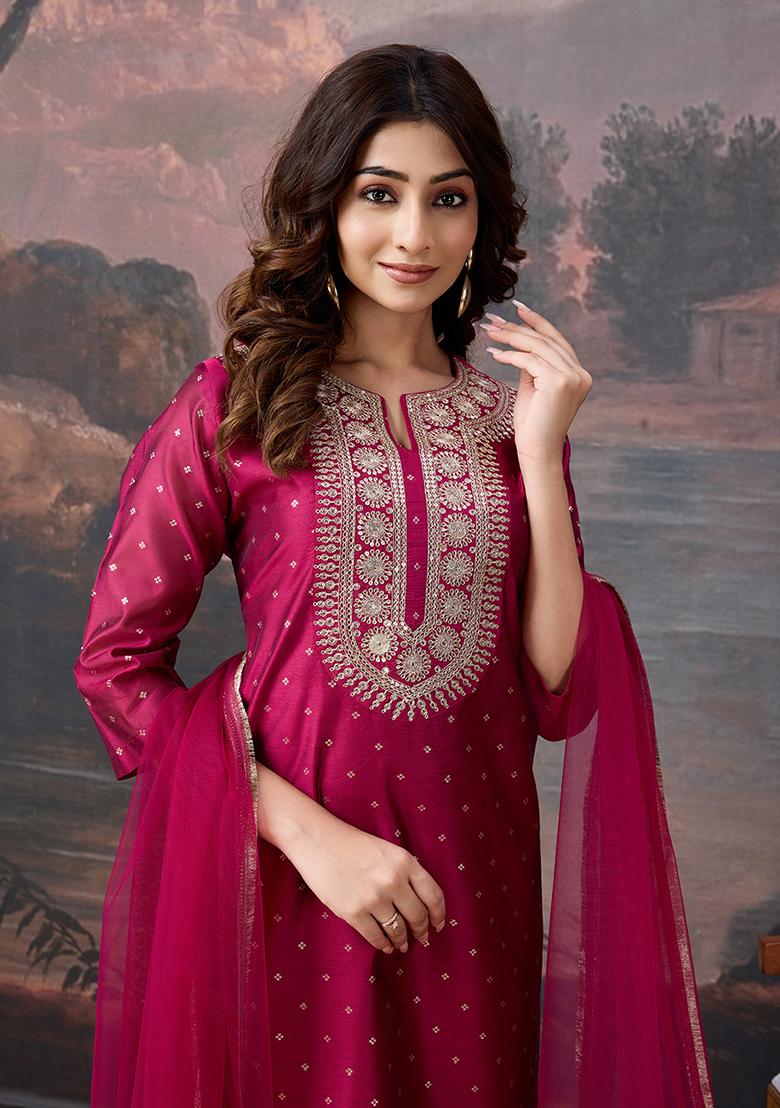 Pink Embroidered Chanderi Cotton Kurta Set