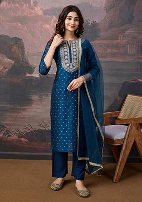 Rama Green Embroidered Chanderi Cotton Kurta Set