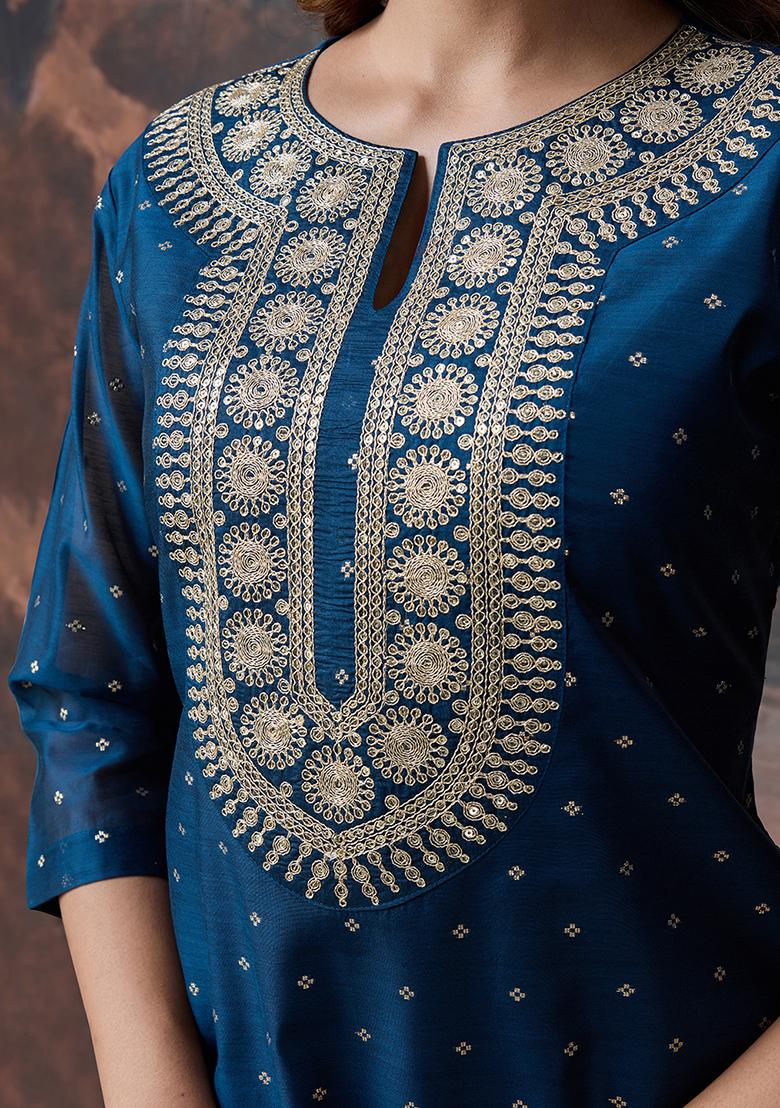 Rama Green Embroidered Chanderi Cotton Kurta Set