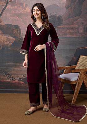 Wine Embroidered Velvet Kurta Set