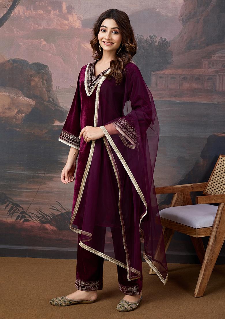 Wine Embroidered Velvet Kurta Set