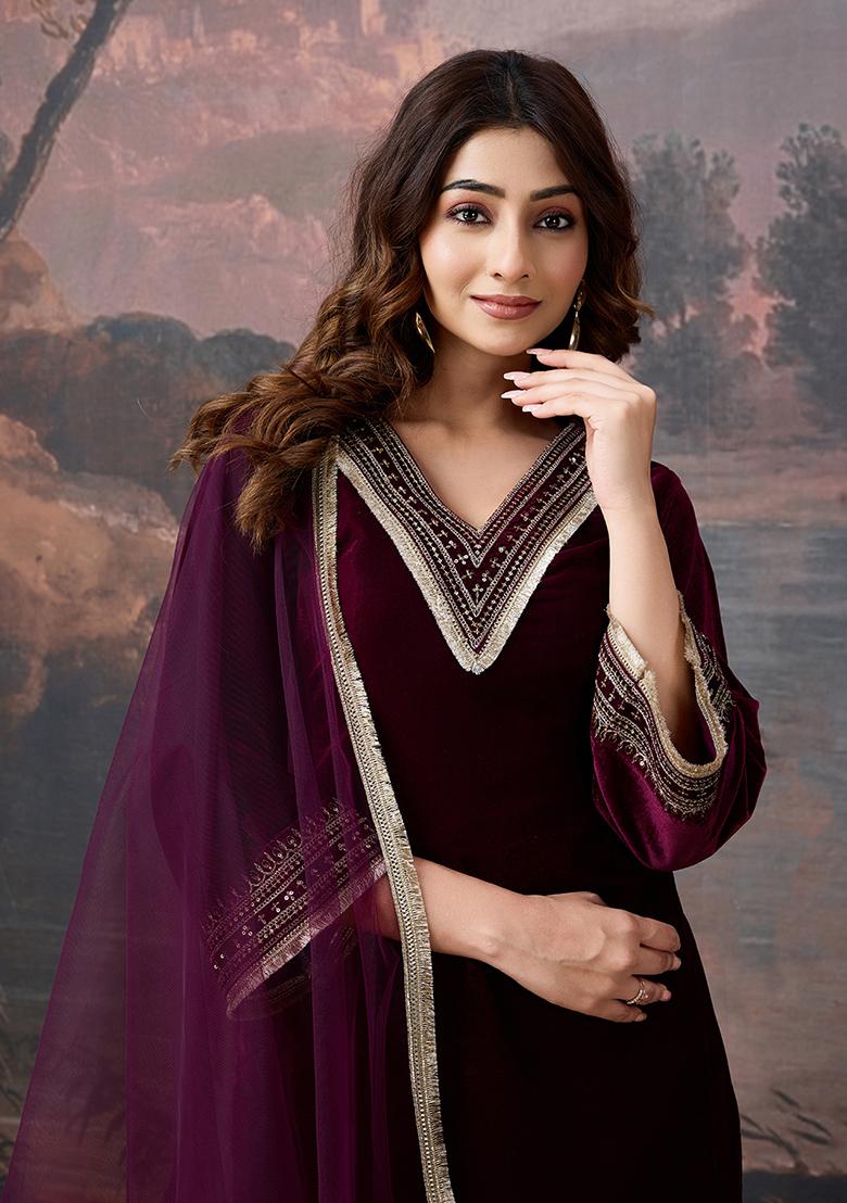 Wine Embroidered Velvet Kurta Set