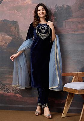Navy Blue Embroidered Velvet Kurta Set