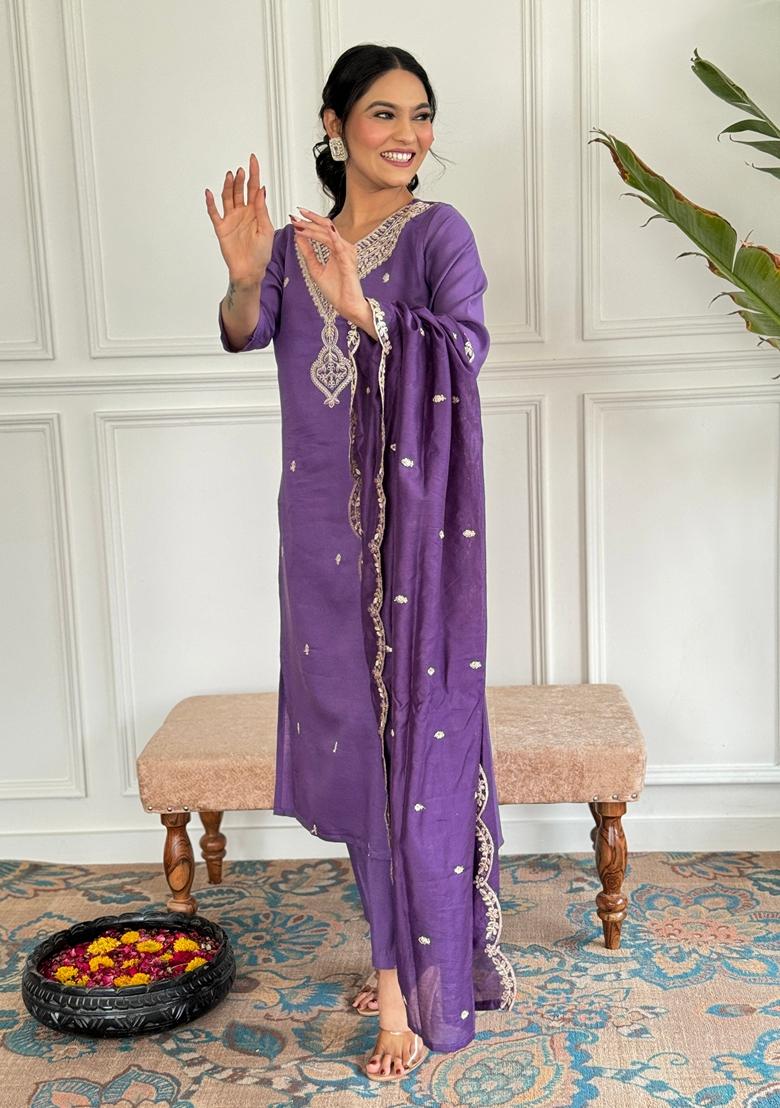 Lavender Embroidered Chanderi Sharara Set