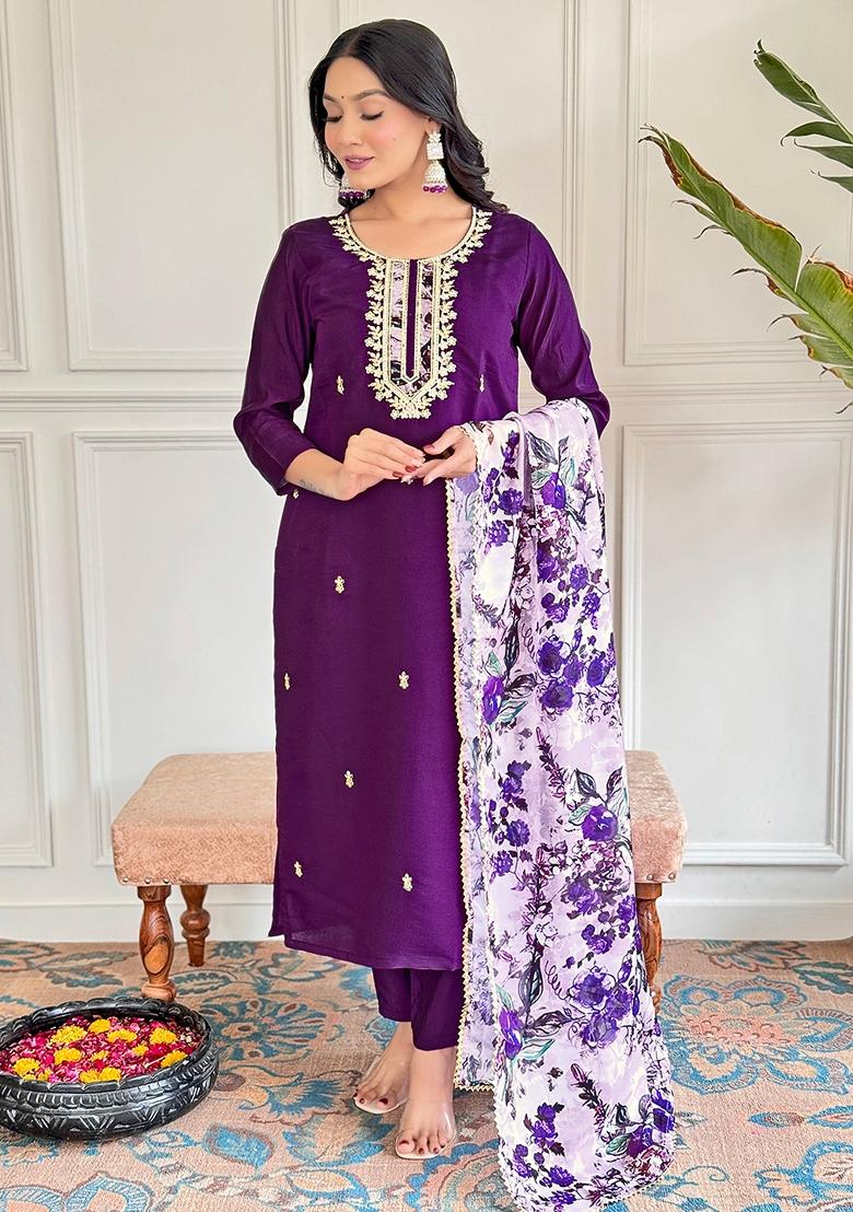 Purple Embroidered Chanderi Sharara Set