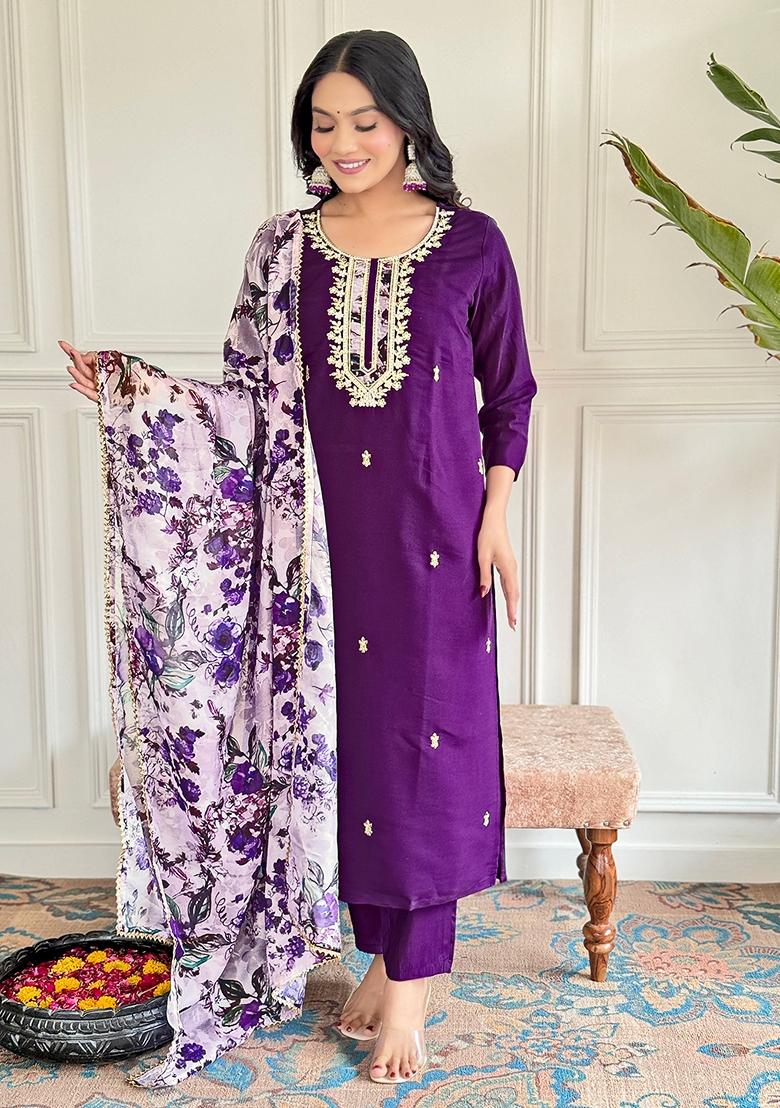 Purple Embroidered Chanderi Sharara Set