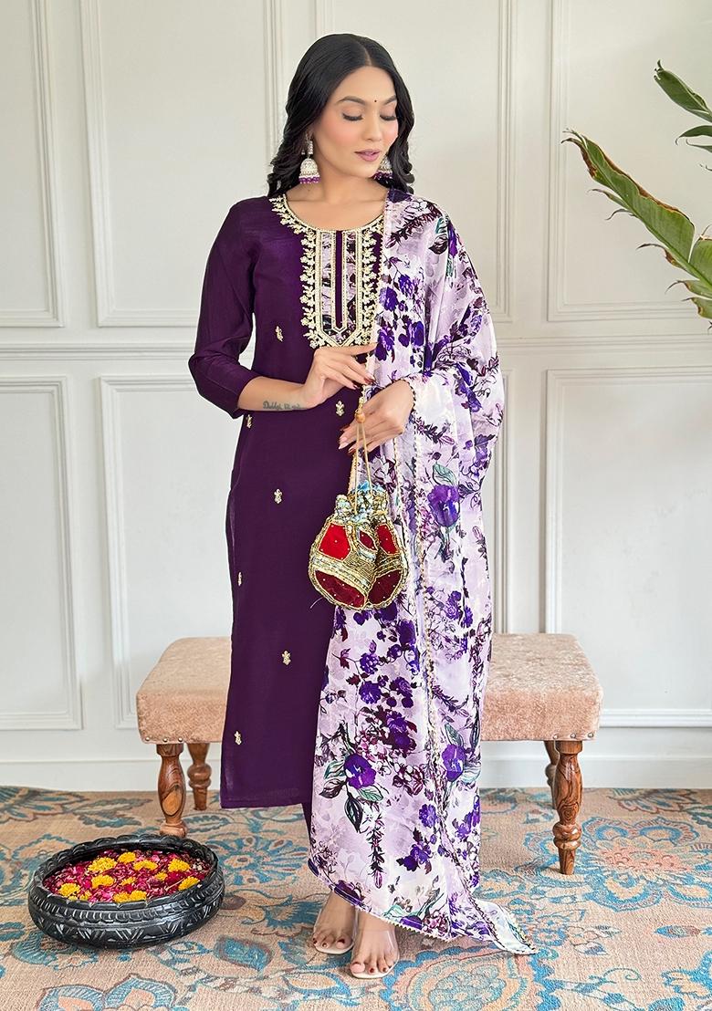 Purple Embroidered Chanderi Sharara Set
