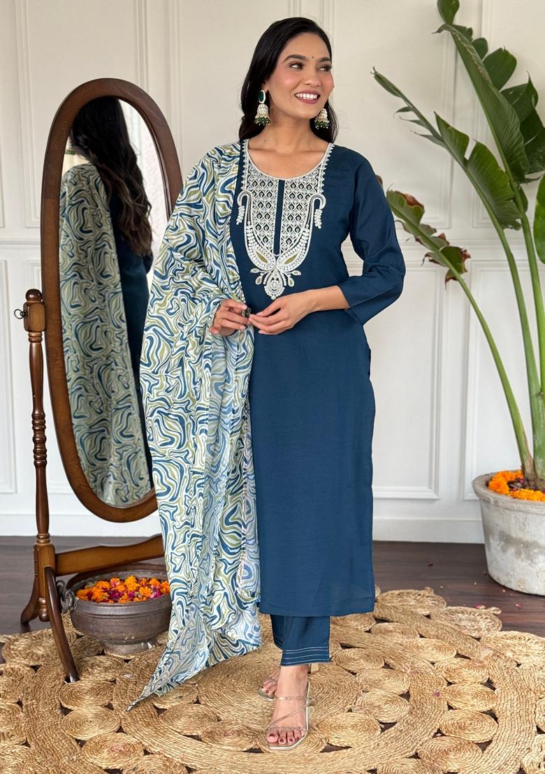 Navy Blue Embroidered Cotton Sharara Set