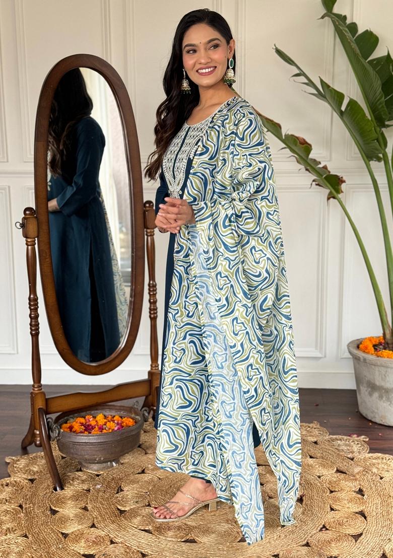 Navy Blue Embroidered Cotton Sharara Set