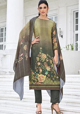 Olive Green Embroidered Muslin Salwar Kameez