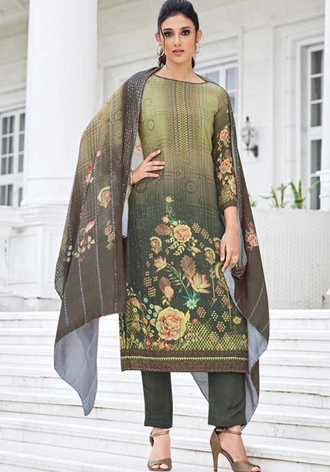 Olive Green Embroidered Muslin Salwar Kameez
