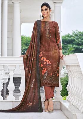 Brown Embroidered Muslin Salwar Kameez