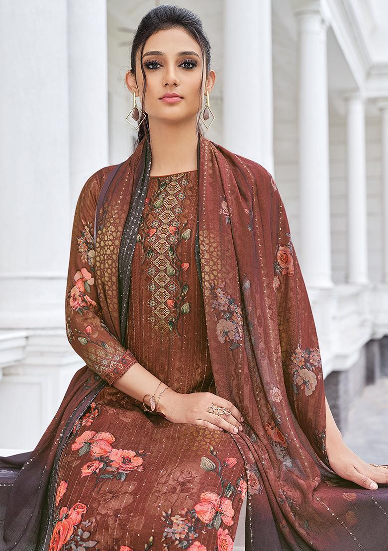 Brown Embroidered Muslin Salwar Kameez