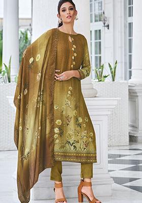 Olive Green Embroidered Muslin Salwar Kameez