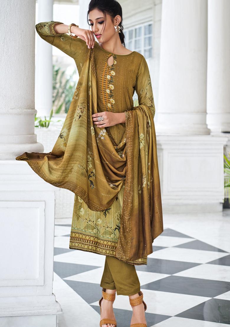 Olive Green Embroidered Muslin Salwar Kameez