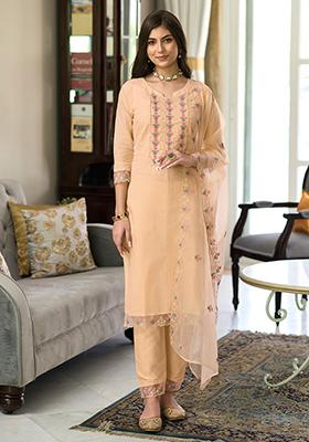 Beige Embroidered Cotton Salwar Kameez