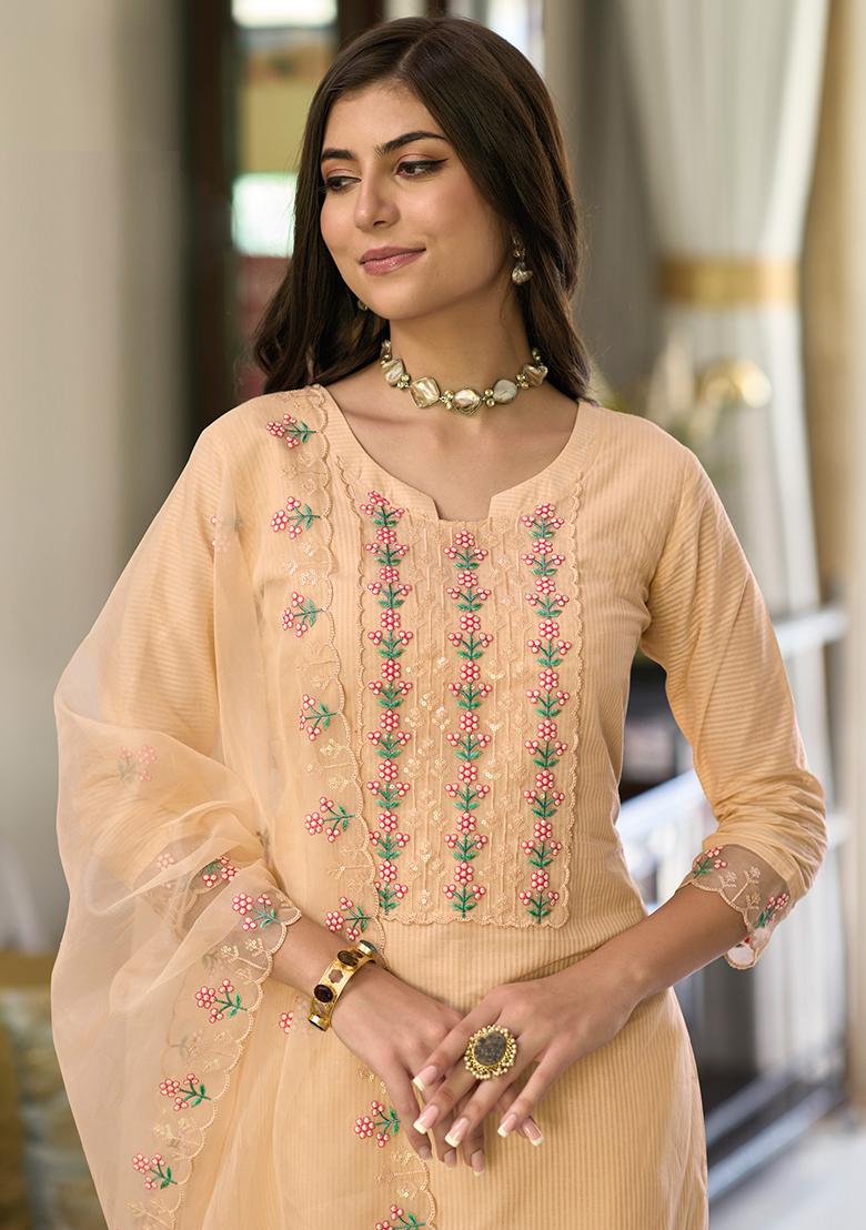 Beige Embroidered Cotton Salwar Kameez