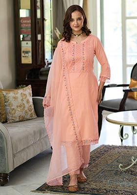 Peach Embroidered Cotton Salwar Kameez