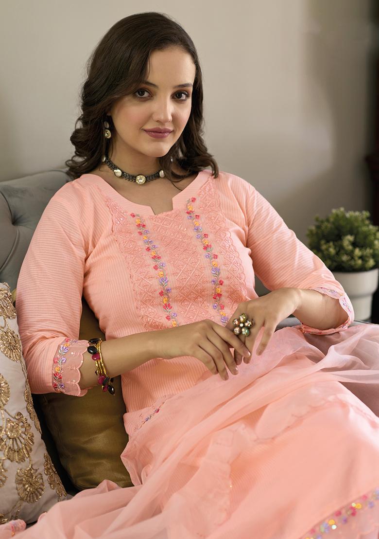 Peach Embroidered Cotton Salwar Kameez