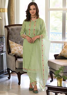Pista Green Embroidered Cotton Salwar Kameez
