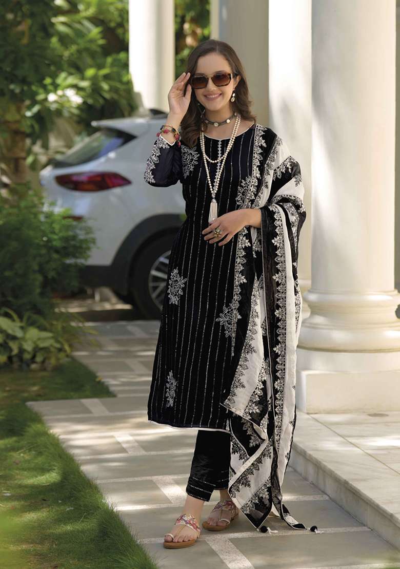 Black Embroidered Organza Straight Kurta Set - Indya